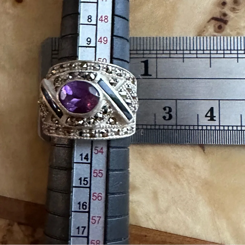 Sterling Amethyst Onyx & Marcasite Wide Band Ring Marked 925 w Makers Mark.